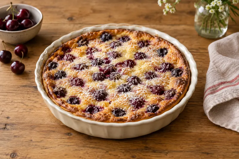 A baked golden custard batter studded with dark cherries in a round dish, dusted with sugar