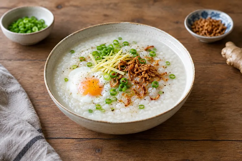 A bowl of smooth white rice porridge topped with spring onion, ginger and a soft egg