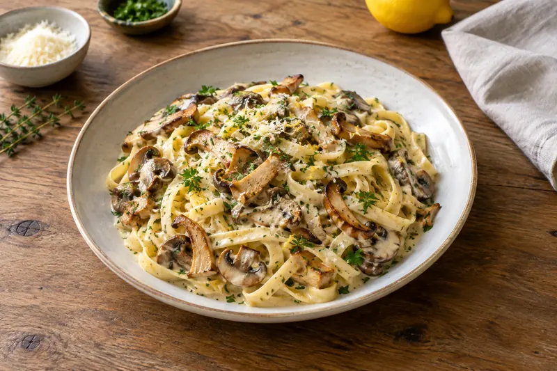A shallow bowl of tagliatelle in a glossy cream sauce with golden browned mushrooms, chopped parsley and grated Parmesan on top.