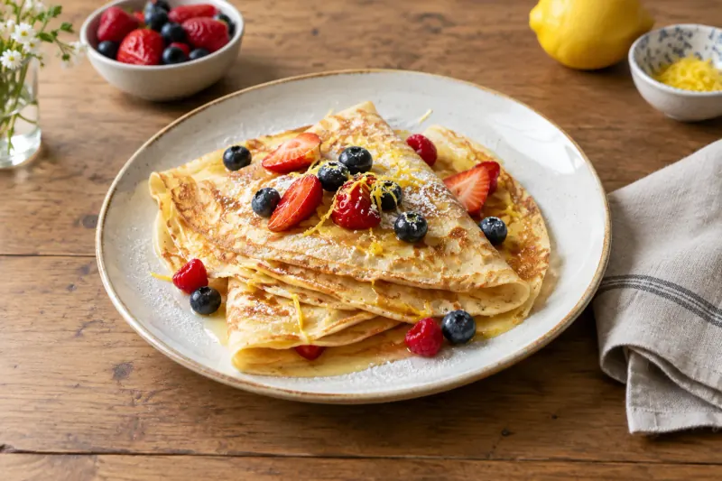 A stack of thin golden crêpes on a plate with one folded into quarters and dusted with sugar.