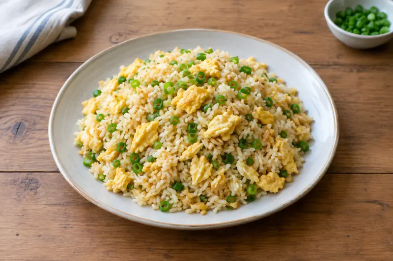 Egg fried rice in a wok with visible separate grains, egg and green spring onion