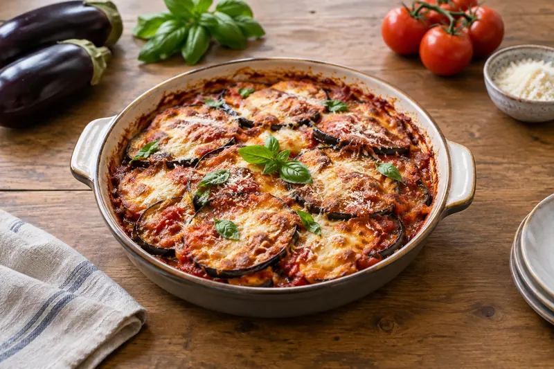 A baking dish of layered fried aubergine, tomato sauce and melted mozzarella, browned on top
