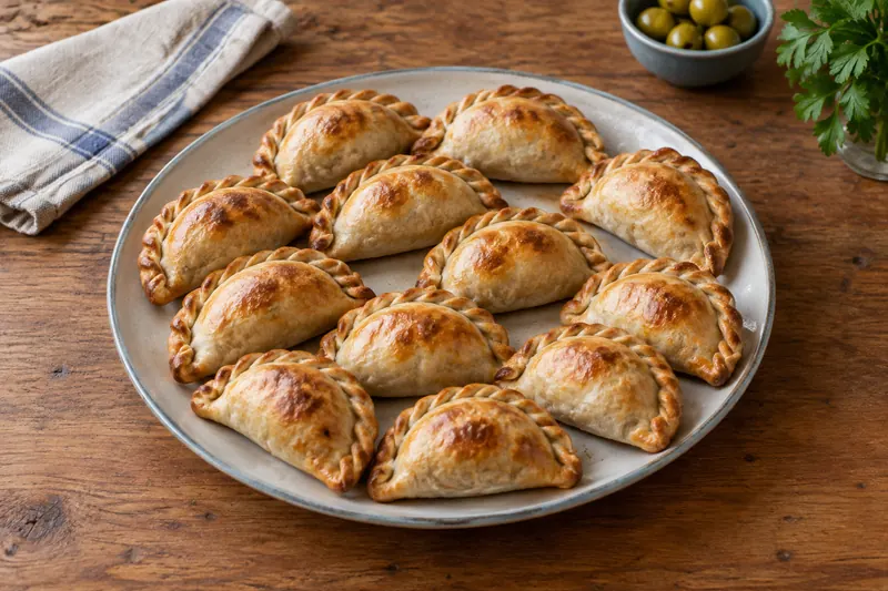Golden baked empanadas on a tray, their curved edges crimped into a rope pattern, one broken open to show beef, olive and chopped egg