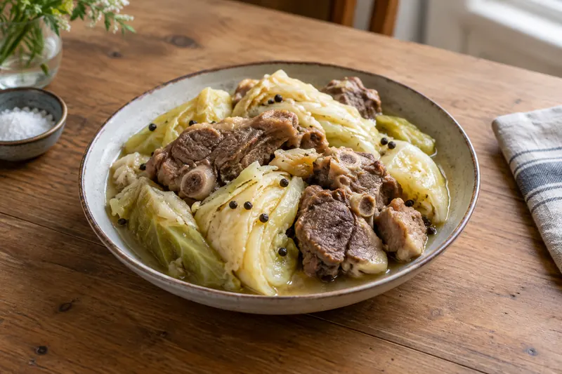 A pot of Norwegian farikal with lamb pieces, soft cabbage wedges and whole peppercorns