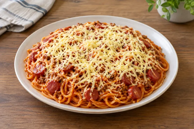 A plate of spaghetti in a bright red sweet sauce with sliced hot dogs and grated yellow cheese