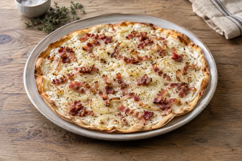 A thin rectangular flammkuchen with crème fraîche, onion and bacon, blistered at the edges