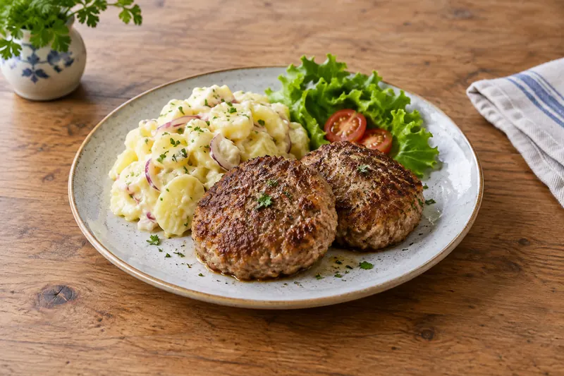 Browned flat German meat patties on a plate