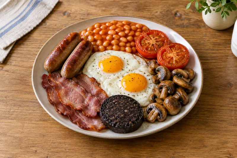 A full English breakfast plate with bacon, sausages, fried egg, black pudding, tomato, mushrooms, beans and toast