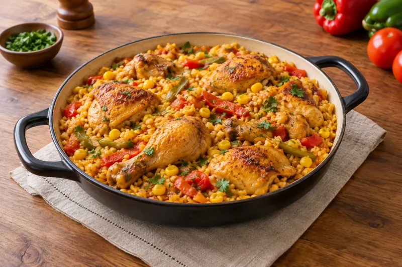 A pot of yellow rice with pieces of chicken, peppers, corn, green olives and parsley
