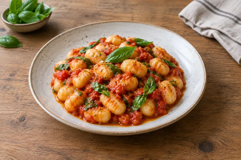 Soft potato gnocchi in a light tomato sauce with torn basil and grated parmesan