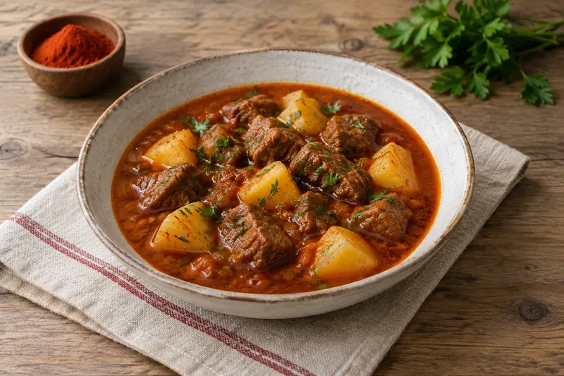 A deep bowl of red-brown goulash with chunks of beef, potato and carrot in a paprika broth
