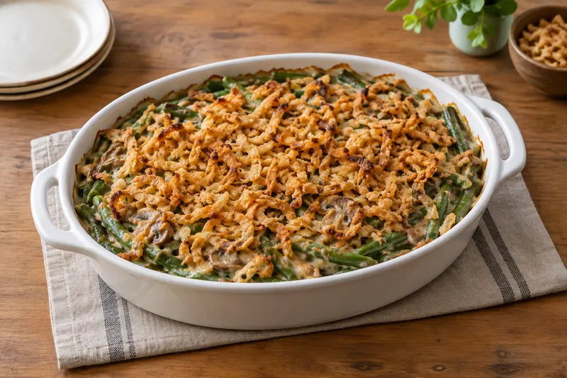 A baking dish of green beans in creamy mushroom sauce topped with golden crispy fried onions
