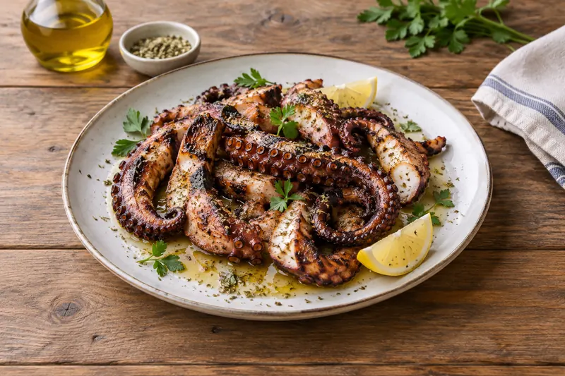 Charred octopus tentacles drizzled with olive oil and oregano, with lemon wedges