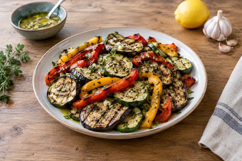 A platter of charred grilled courgette, aubergine and peppers with herbs and lemon