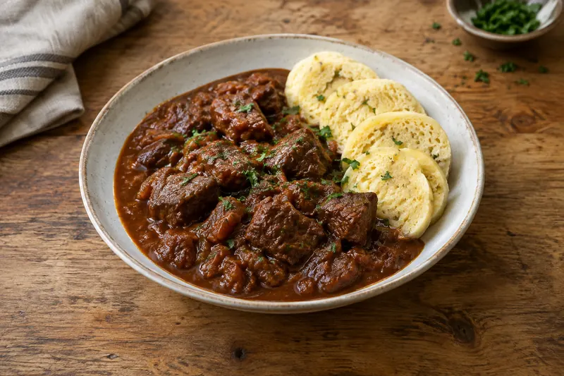 A pot of thick dark beef goulash with a spoon standing in it