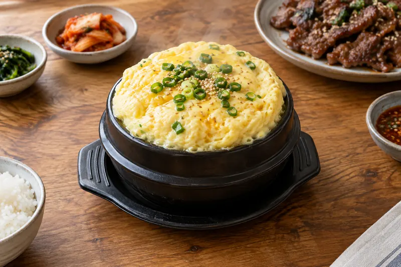 A small black earthenware pot with a puffed golden-yellow steamed egg rising over the rim