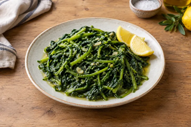 A plate of glossy boiled dark greens dressed with olive oil and a lemon wedge