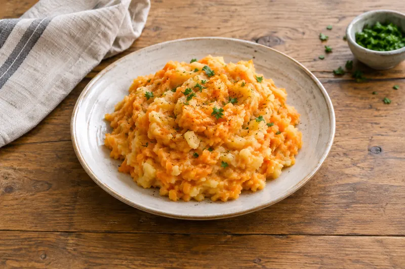 A bowl of orange hutspot mash with a knob of butter melting on top