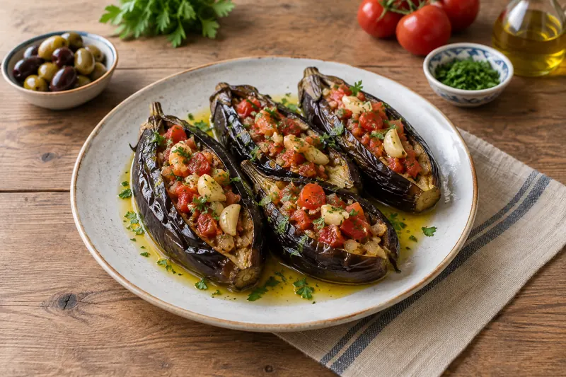Split aubergines filled with onion and tomato, glossy with olive oil, served cold