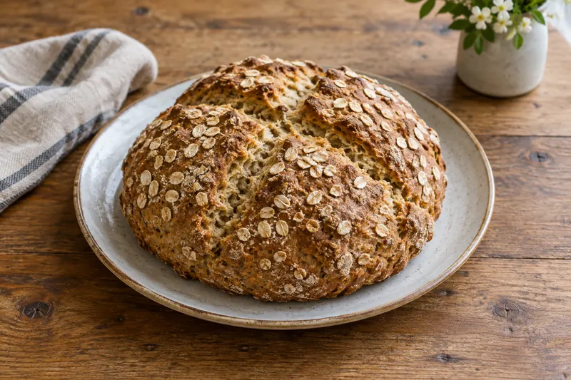 A round rustic loaf with a deep cross cut into the top and a floury crust, one slice buttered