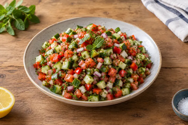 A bowl of very finely diced cucumber, tomato, red onion and herbs glistening with olive oil
