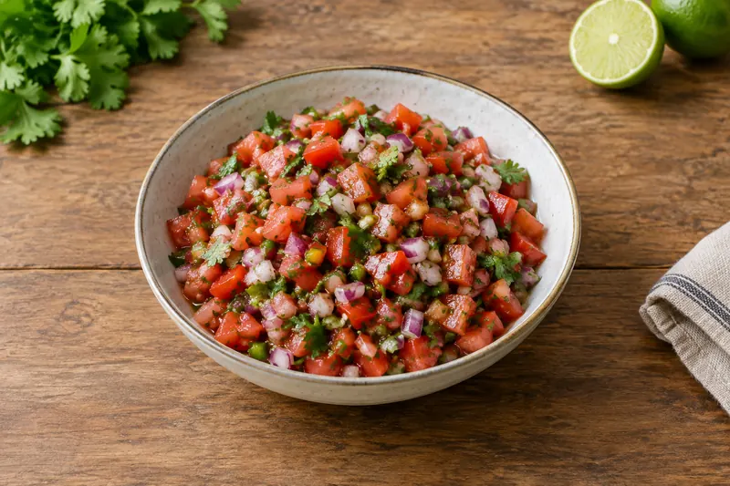 A bowl of finely diced tomatoes and red onion with coriander and green chilli