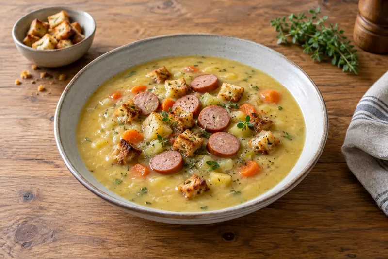 A bowl of thick potato soup with sliced sausage and parsley