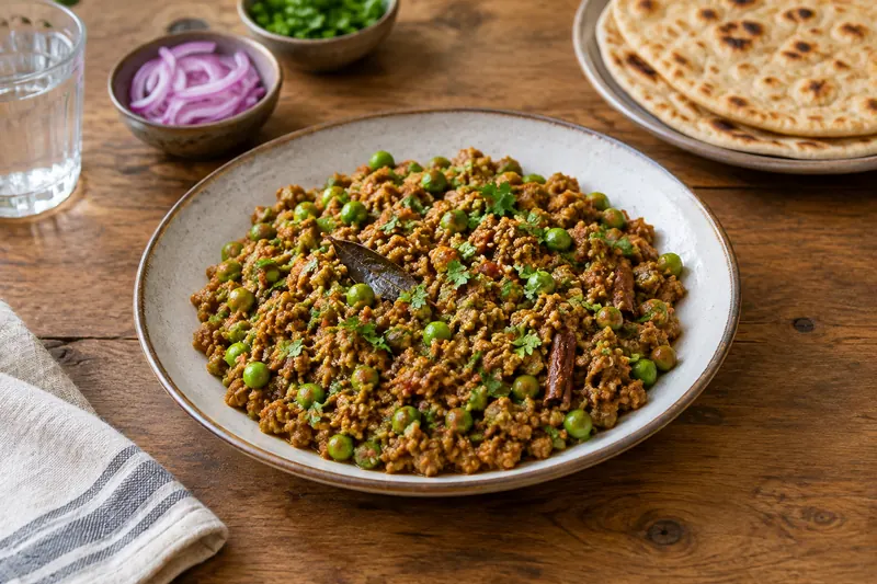 A pan of spiced minced lamb with green peas, topped with chopped coriander