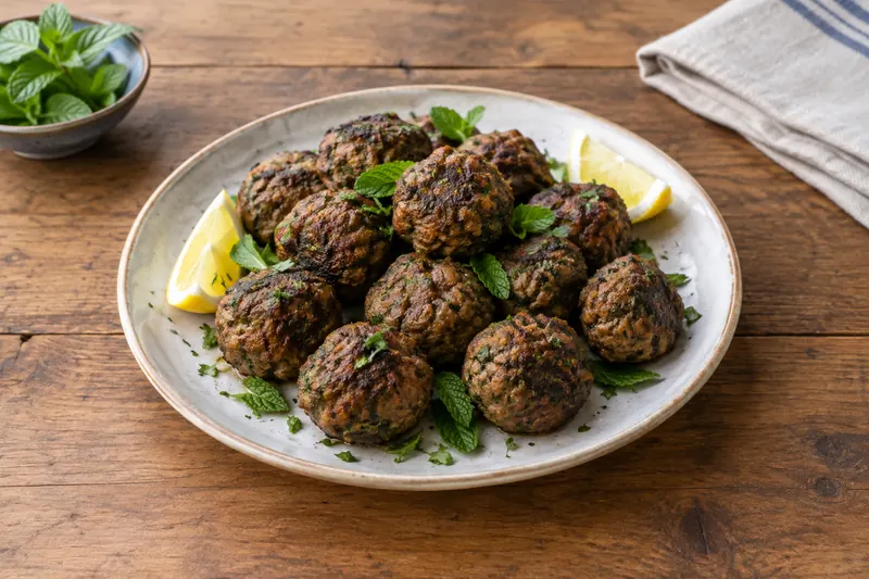 A plate of small fried Greek meatballs with lemon wedges