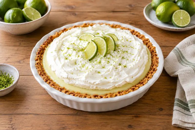 A slice of pale yellow lime custard pie on a biscuit crust with whipped cream and lime zest
