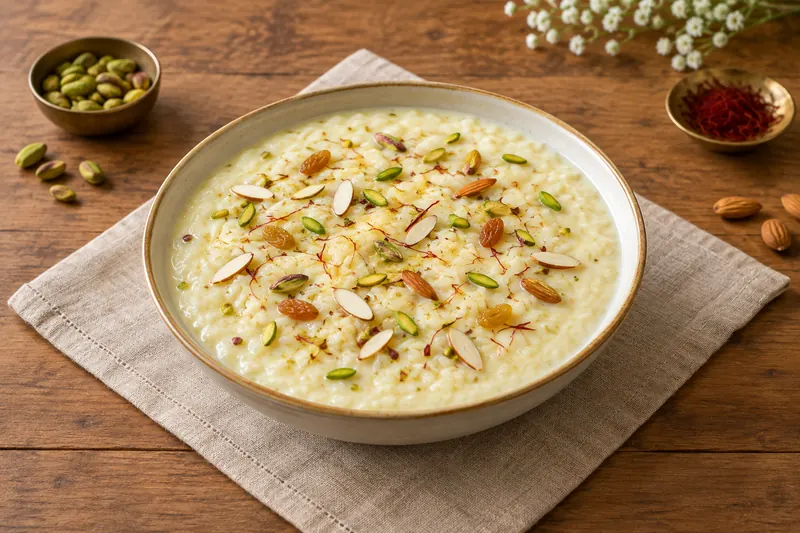 A bowl of creamy rice pudding with saffron strands, slivered almonds and pistachios