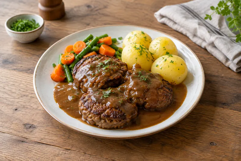 Large flat Norwegian meat patties in brown gravy with potatoes, peas and lingonberry