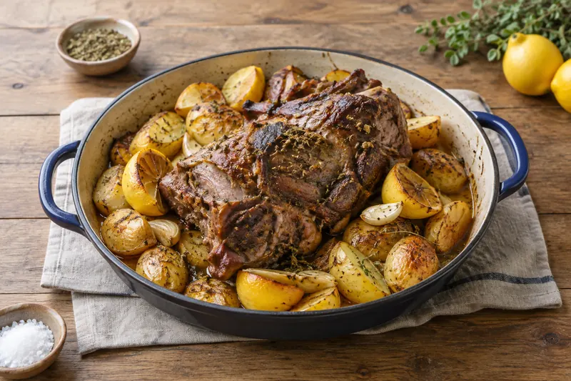 A foil parcel opened to reveal falling-apart lamb shoulder with potatoes, lemon and oregano