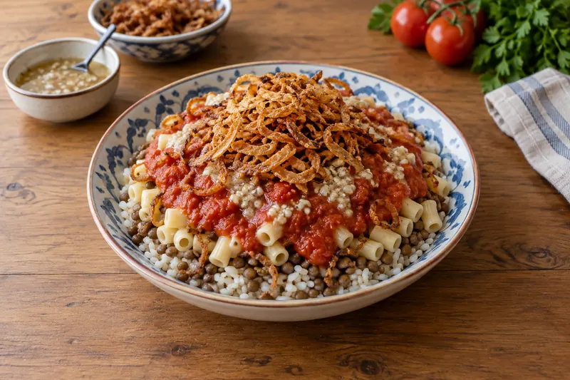 A bowl of Egyptian koshari with rice, lentils, macaroni, chickpeas and fried onions