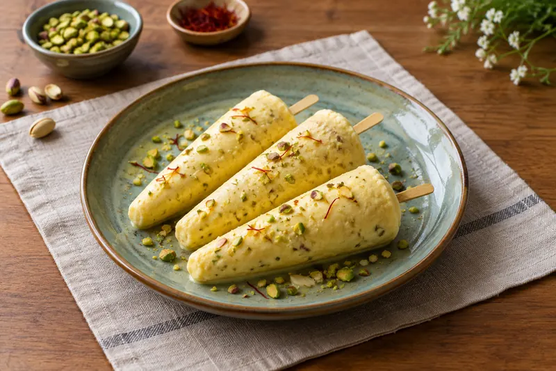 Cone-shaped frozen milk desserts unmoulded on a plate, topped with chopped pistachios
