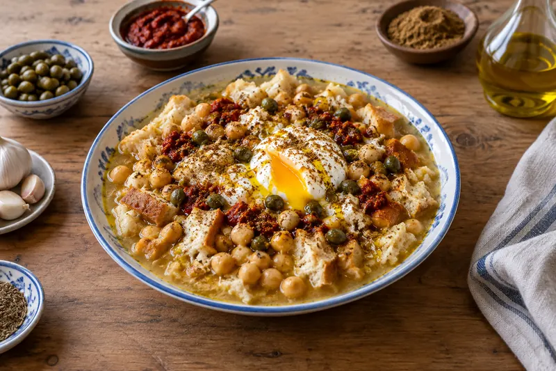 A bowl of chickpea broth over torn bread topped with harissa, cumin, capers and an egg