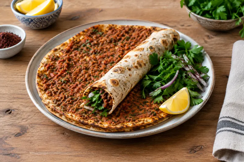 Lahmacun on a board topped with minced lamb, parsley and lemon, one rolled up