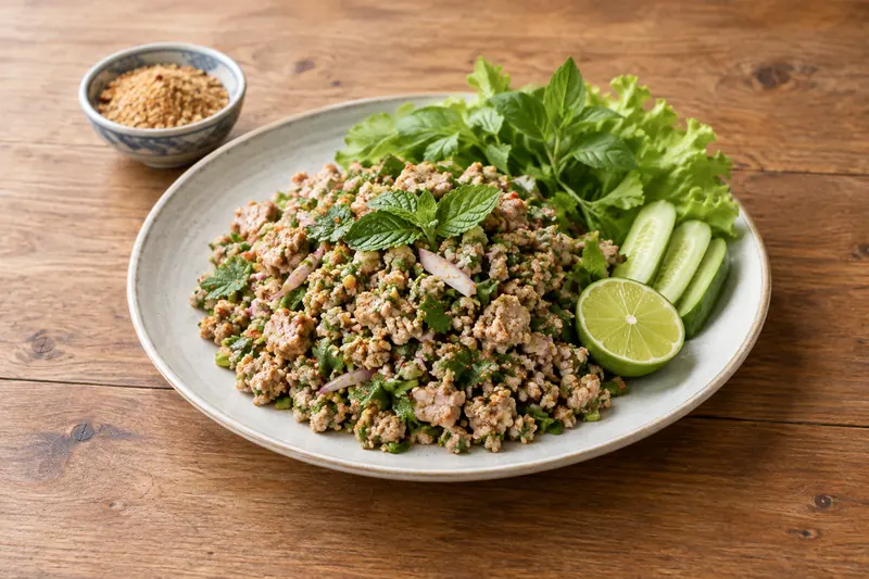 A plate of Thai larb with minced pork, red onion, mint and toasted rice powder