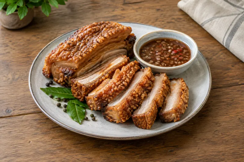 Cubes of fried pork belly with blistered crackling skin, with a dark dipping sauce