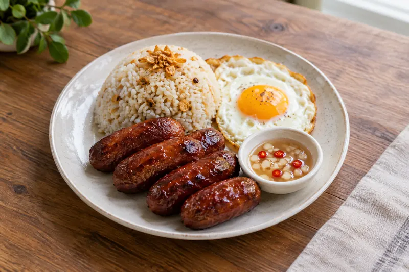 Caramelised skinless pork sausages with garlic fried rice, a fried egg and a dish of vinegar