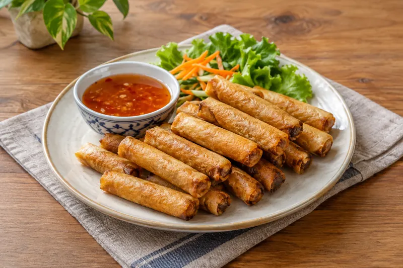 A platter of thin golden lumpia cut on the diagonal, with a small bowl of red sweet-and-sour dipping sauce