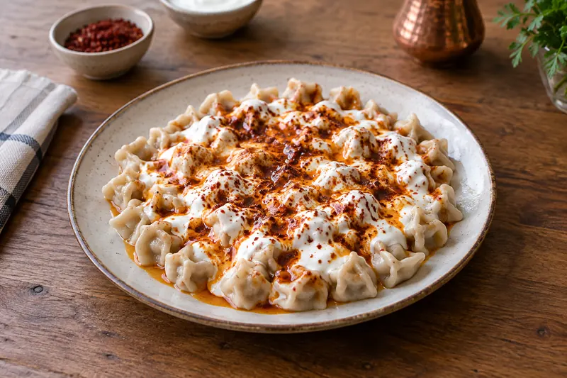 Tiny Turkish dumplings under white garlic yoghurt with red chilli butter and dried mint