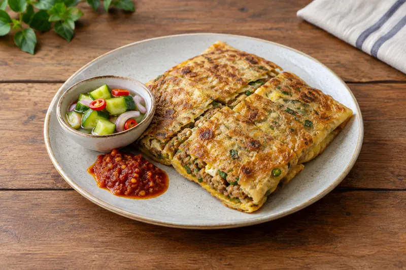 Square golden fried pastry parcels cut open to show egg and minced beef, with pickled cucumber
