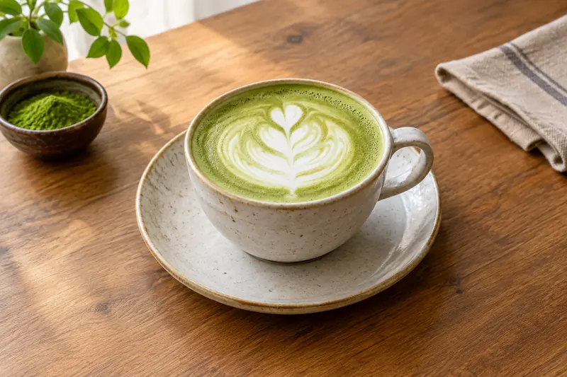 A cup of pale green frothy matcha latte with latte art beside a bamboo whisk