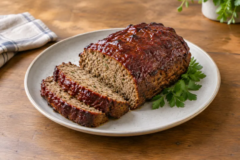 A meatloaf on a wooden board with a dark red glazed crust, two slices cut from the end showing an even brown crumb.