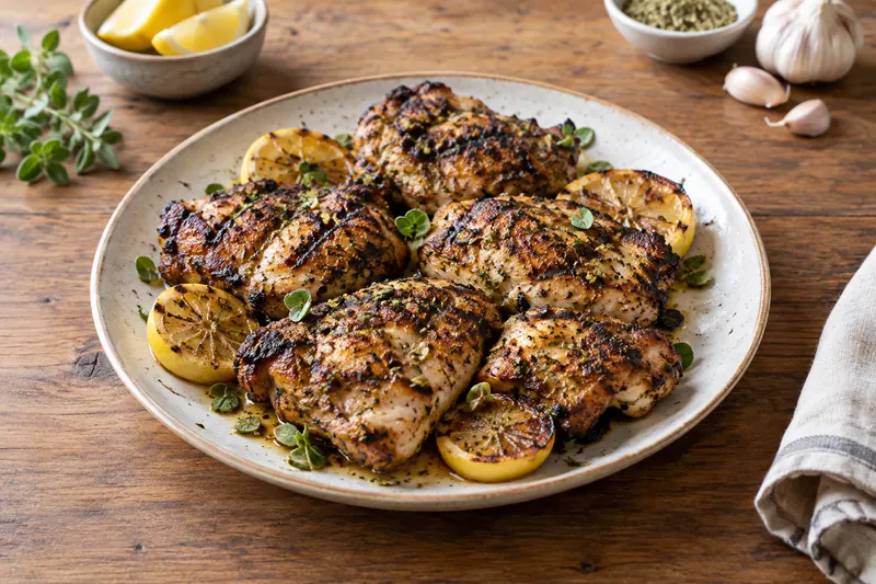 Charred grilled chicken thighs with lemon halves, oregano and chopped parsley on a board