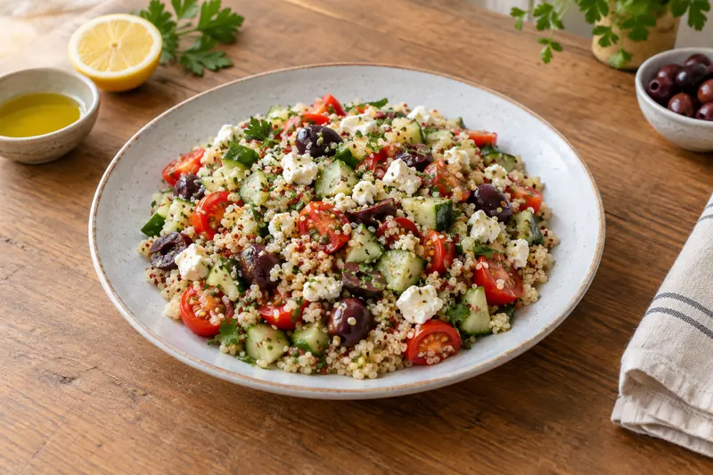 A bowl of quinoa salad with cucumber, cherry tomatoes, olives, feta and chopped herbs