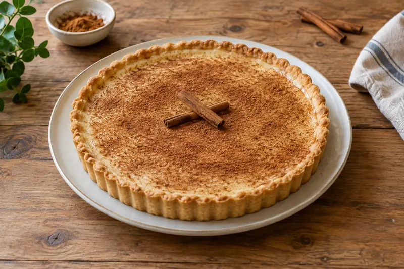 A round tart with a pale set custard filling thickly dusted with cinnamon, a slice removed