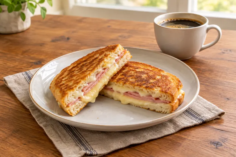A pressed golden toasted sandwich cut in half with melted cheese and ham