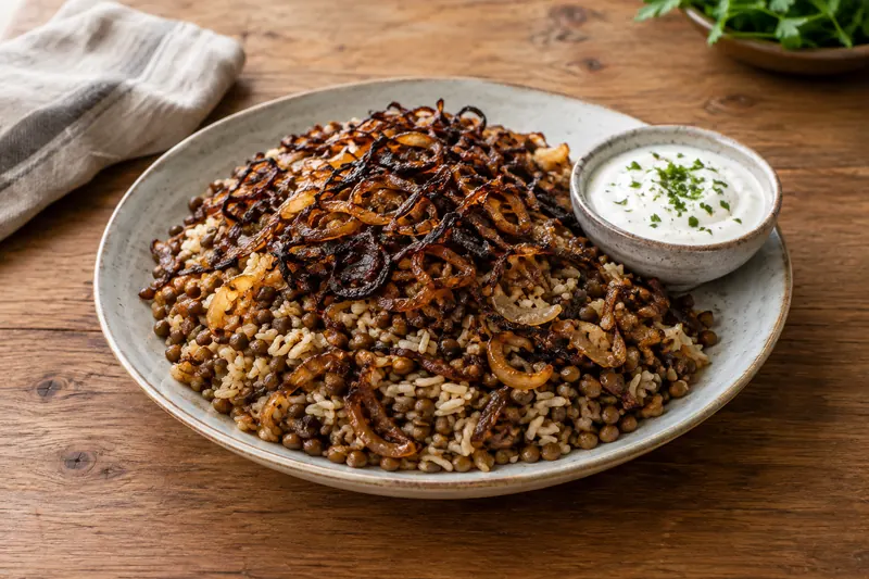 A platter of lentils and rice heaped with dark crisp fried onions, with a bowl of yoghurt beside it